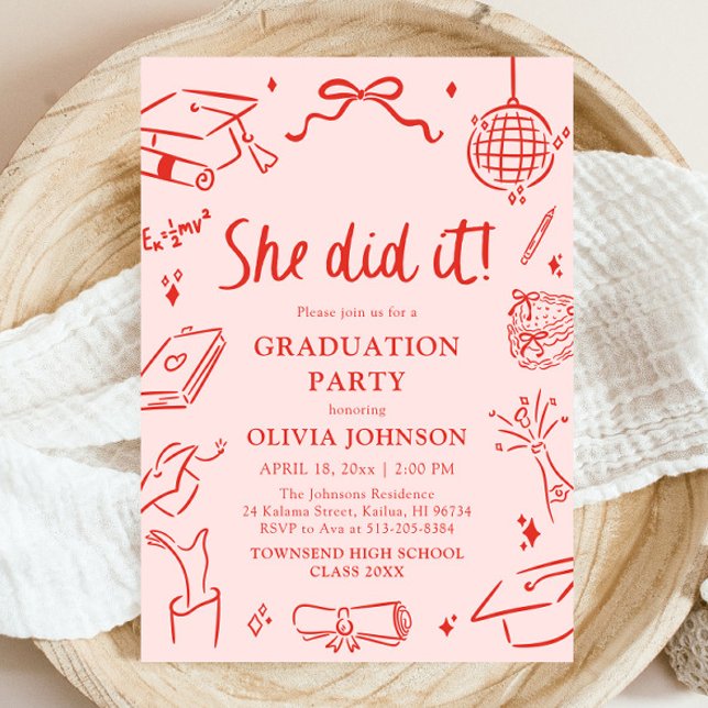 Modern Hand Drawn She did it Graduation Party Invitation (Modern Hand Drawn She did it Graduation Party Invitation)