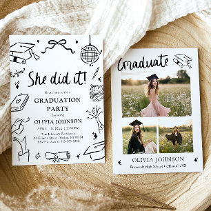 Modern Hand Drawn She did it Graduation Party Invitation