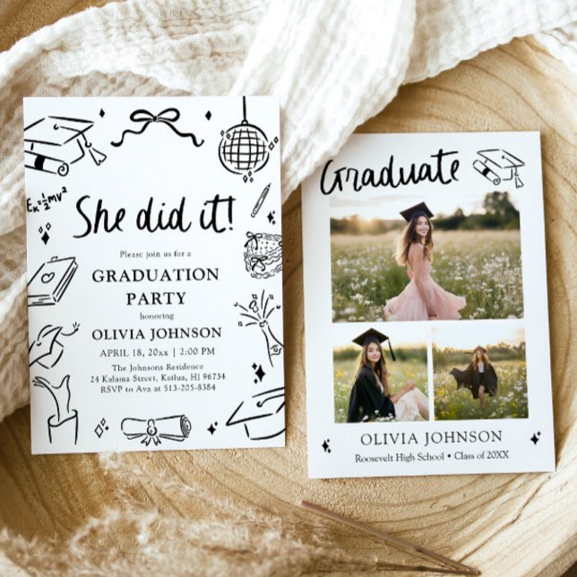 Modern Hand Drawn She did it Graduation Party Invitation (Modern Hand Drawn She did it Graduation Party Invitation)