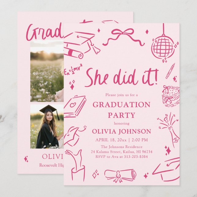 Modern Hand Drawn She did it Pink Graduation Party Invitation (Front/Back)