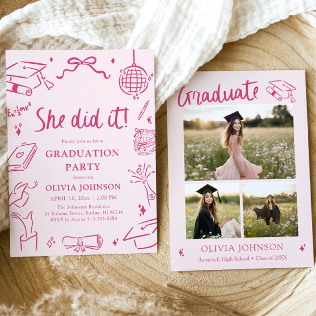 Modern Hand Drawn She did it Pink Graduation Party Invitation (Modern Hand Drawn She did it Pink Graduation Party Invitation)