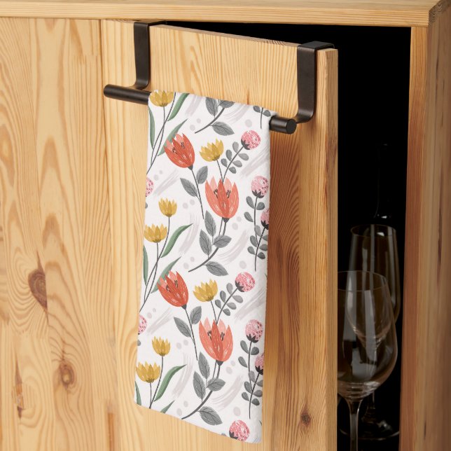 Modern Hand Drawn Tulips Kitchen Towel (Thirds Fold)