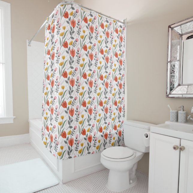 Modern Hand Drawn Tulips Shower Curtain (In Situ)