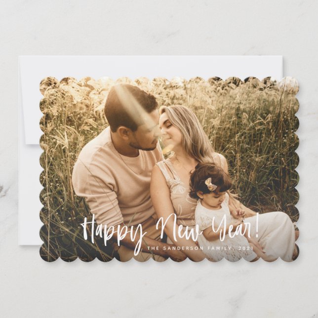 Modern Hand Drawn Typography Happy New Year Photo Holiday Card (Front)