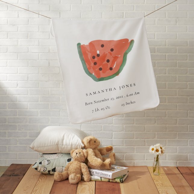 Modern Hand Drawn Watermelon Fruit Baby Birth Stat Blanket (In Situ)