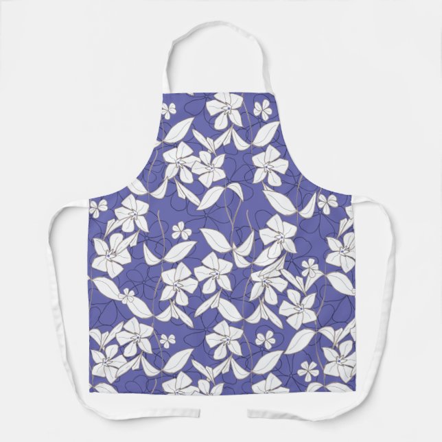 Modern hand-drawn white flowers on a periwinkle apron (Front)