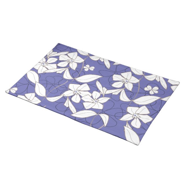 Modern hand-drawn white flowers on a periwinkle cloth placemat (On Table)