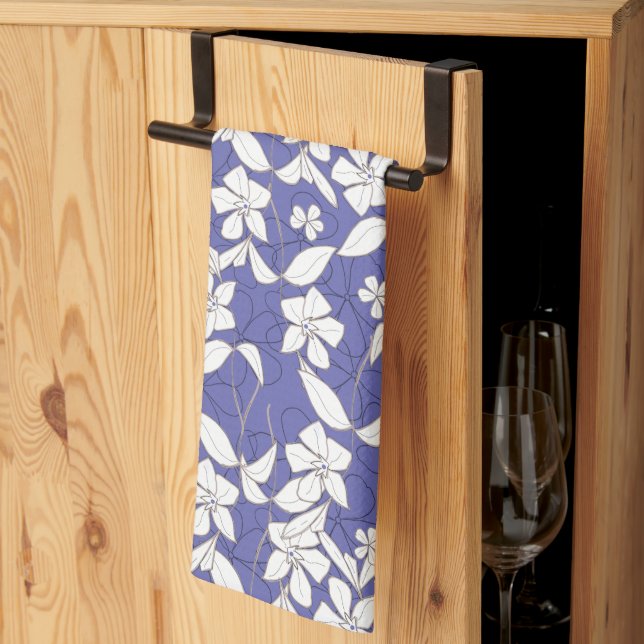 Modern hand-drawn white flowers on a periwinkle kitchen towel (Thirds Fold)