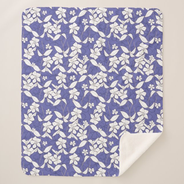 Modern Hand-drawn White Flowers with Periwinkle Sherpa Blanket (Front)