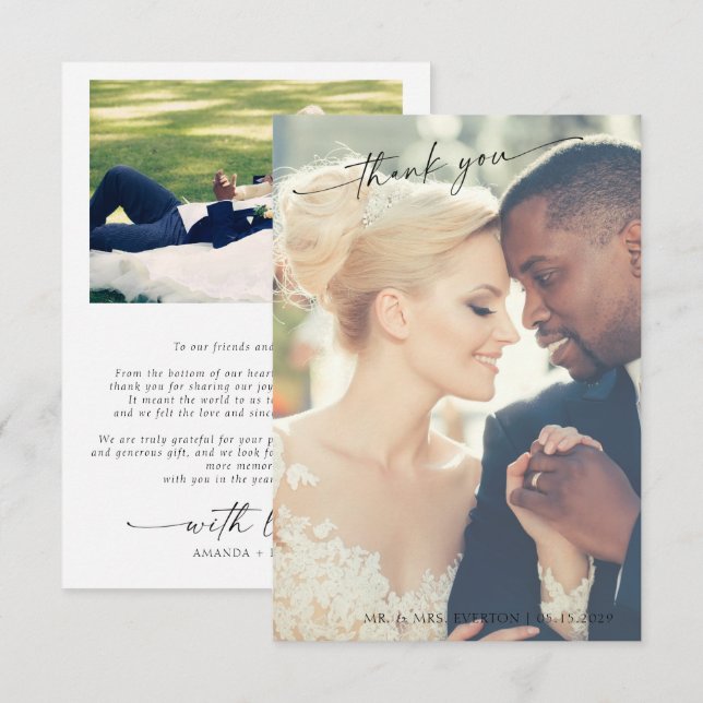 Modern Hand Lettered 2 Photo Wedding Thank You (Front/Back)