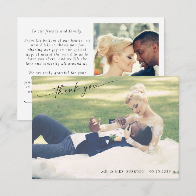 Modern Hand Lettered 2 Photo Wedding Thank You (Front/Back)
