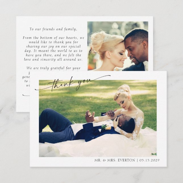 Modern Hand Lettered 2 Photo Wedding Thank You Card (Front/Back)