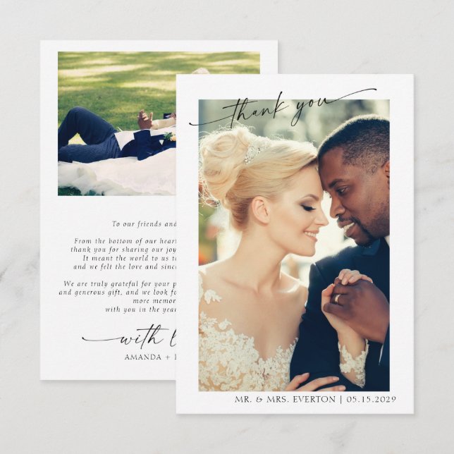 Modern Hand Lettered 2 Photo Wedding Thank You Card (Front/Back)