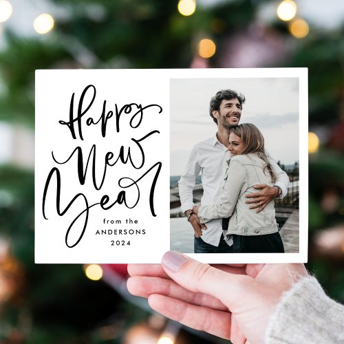 Modern Hand_Lettered Black New Year Photo Holiday Card