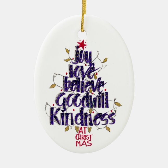 Modern Hand Lettered Blue  Christmas Tree Ceramic Ornament (Front)