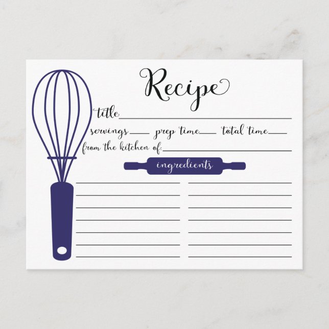 Modern Hand Lettered Blue Whisk Recipe Card (Front)