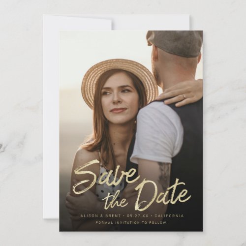 Modern Hand Lettered Gold Brush Script and Picture Save The Date