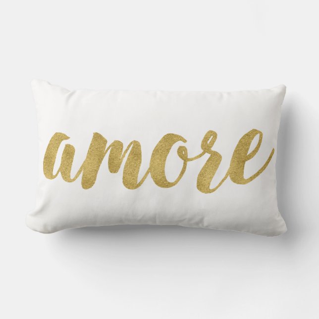 Modern Hand Lettered Gold Italian Amore Decorative Lumbar Pillow (Front)