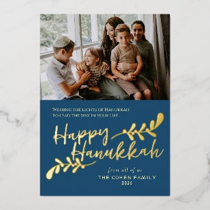 Modern Hand Lettered Happy 3 Photo Hanukkah Foil Holiday Card