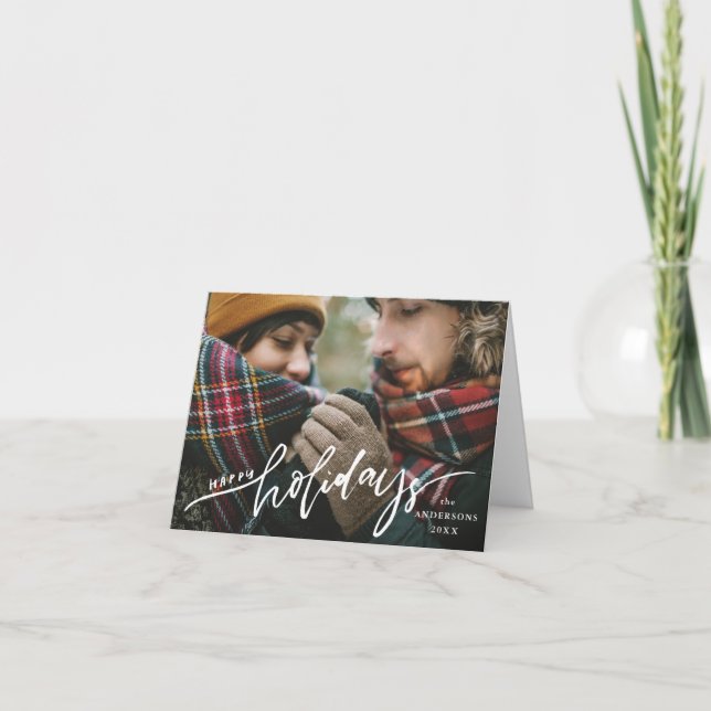 Modern Hand-Lettered Happy Holidays Blue Photo Holiday Card (Front)