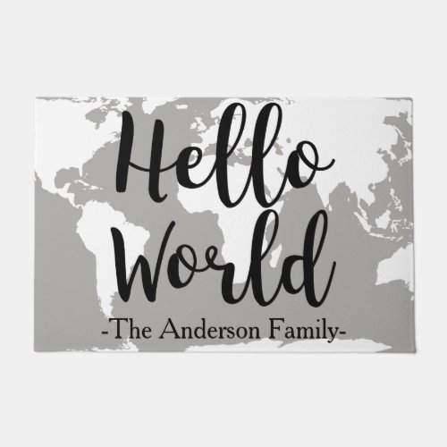 Modern Hand Lettered Hello World  Map Family Name Doormat