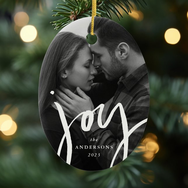 Modern Hand-Lettered Joy Photo Holiday Ceramic Ornament (Creator Uploaded)