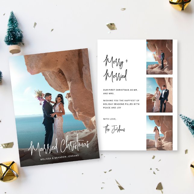 Modern Hand-Lettered Married Christmas 4 photos  Holiday Card (Creator Uploaded)