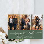 Modern Hand Lettered Photo Collage Dark Sage Save The Date<br><div class="desc">Pick the best pictures from your engagement shoot or your favorite pictures of the two of you for this perfect save the date. The words save the date are handwritten to give a personal feel to the card. The front has 3 images and the back has a large image with...</div>