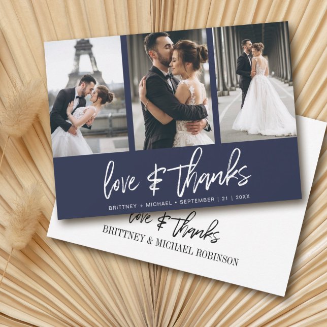 Modern Hand-Lettered Photo Collage Navy Blue Thank You Card (Show your appreciation to your loved ones with an awesome photo thank-you card!)