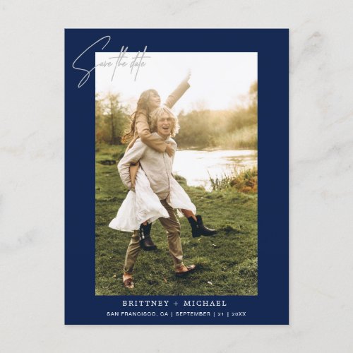 Modern Hand_Lettered Photo Save the Date Navy Announcement Postcard