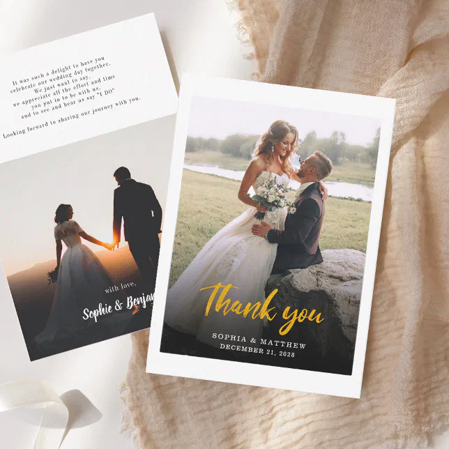 Modern Hand-Lettered Photo Wedding Thank You Note Card | Zazzle