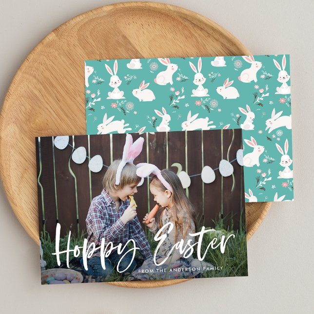 Modern Hand-Lettered Script Hoppy Easter Photo Holiday Card (Creator Uploaded)