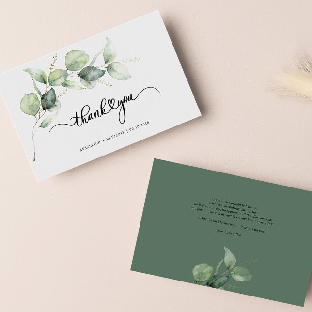 Modern Hand-Lettered Script Wedding Thank You Note Card (Botanical Minimalist Eucalyptus Script Thank You Note Card)