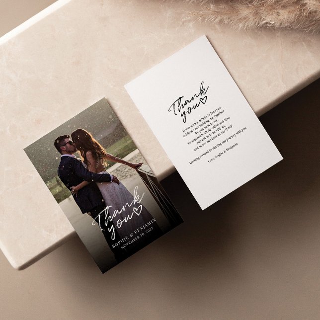 Modern Hand-Lettered Wedding Day Photo Thank You Note Card (Wedding Day Couples Photo Thank You Card)