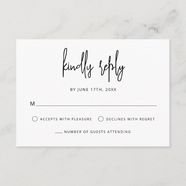Modern Hand Lettering Script Black White Wedding RSVP Card (Front)