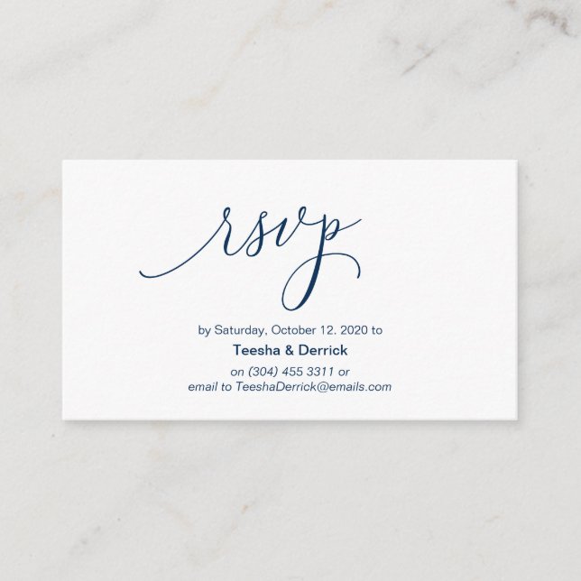 Modern hand Navy Blue ink script, Wedding RSVP Enclosure Card (Front)