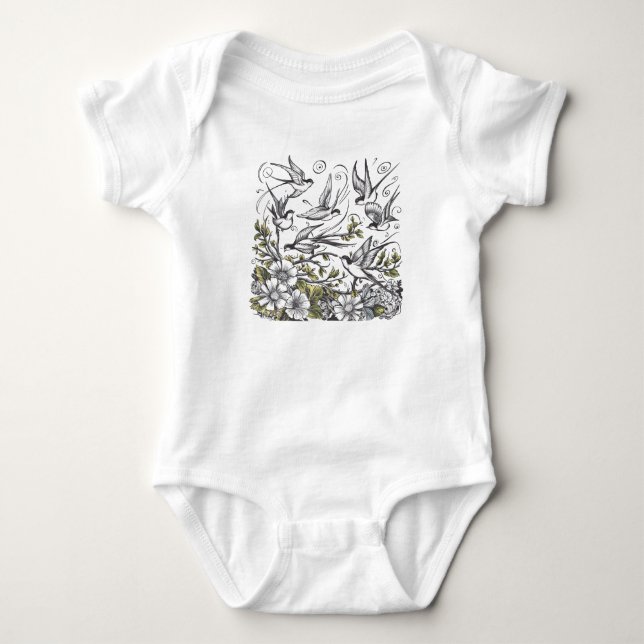 Modern hand painted wild flower and Birds  field  Baby Bodysuit (Front)