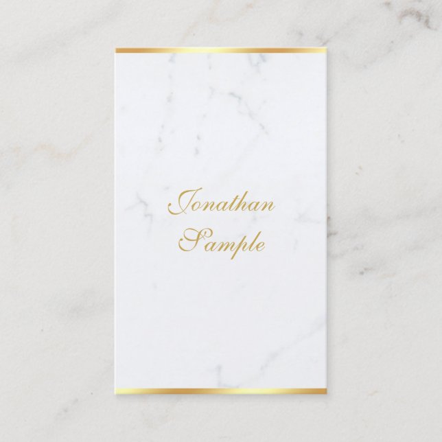 Modern Hand Script Chic Template White Marble Gold Business Card (Front)
