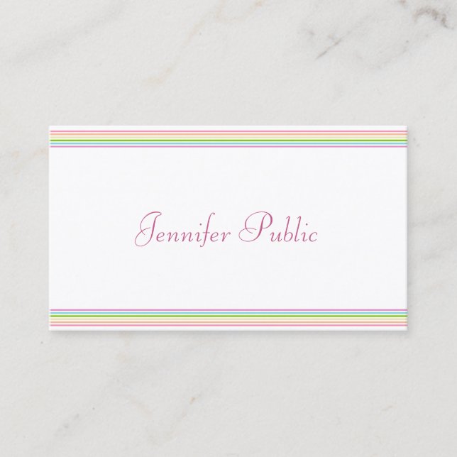Modern Hand Script Colorful Stripes Template Business Card (Front)
