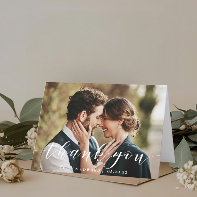 Modern Hand Script Folded Wedding Photo Thank You Card (Creator Uploaded)