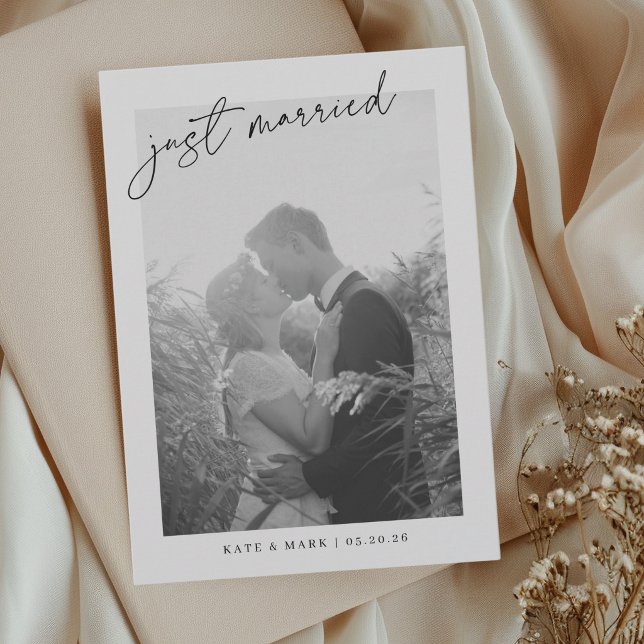 Modern Hand Script Just Married Photo Wedding Announcement (Creator Uploaded)