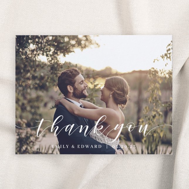Modern Hand Script Photo Wedding Thank You Postcard (Creator Uploaded)