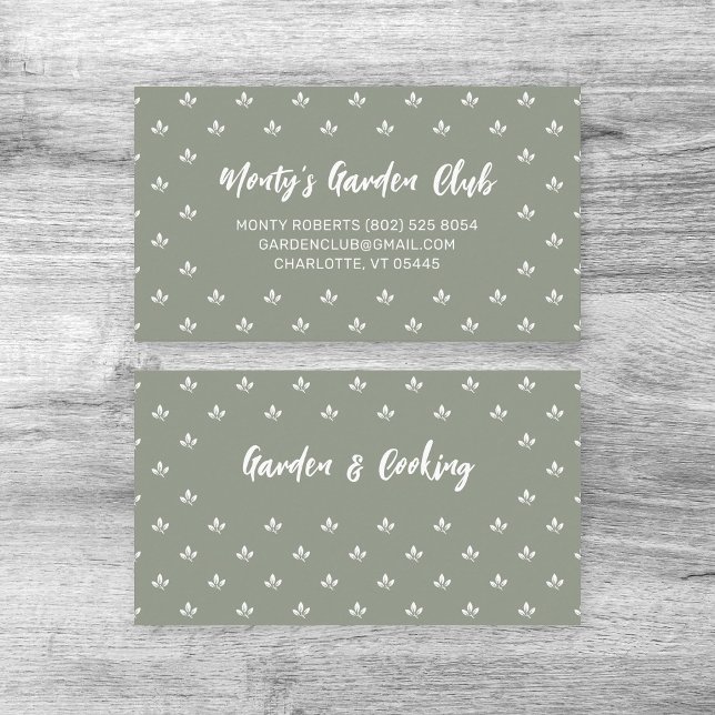 Modern Hand Sketched Custom Name Gardener | Business Card (Gardener calling card template with white leaf pattern design on dusky green background.)