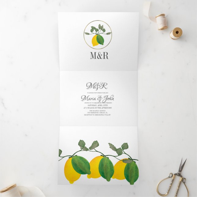 Modern Hand Watercolor Lemon Greenery Wedding Tri-Fold Invitation (Inside)