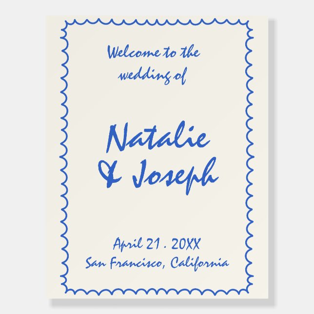 Modern Hand Written Blue Retro Fun Wedding Welcome Foam Board (Front)
