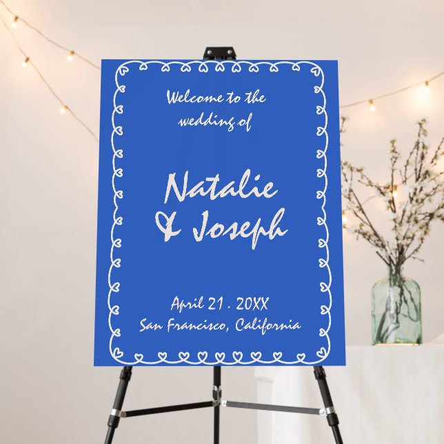 Modern Hand Written Blue Retro Fun Wedding Welcome Foam Board (In Situ (Stand))