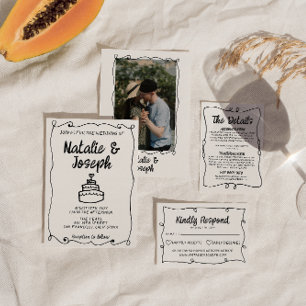 Modern Hand Written Drawn Cake Retro Frame Wedding Invitation