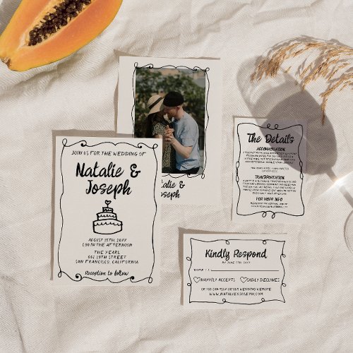 Modern Hand Written Drawn Cake Retro Frame Wedding Invitation