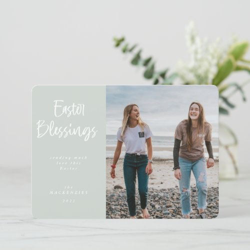 Modern Hand Written Script Easter Blessings Photo Holiday Card