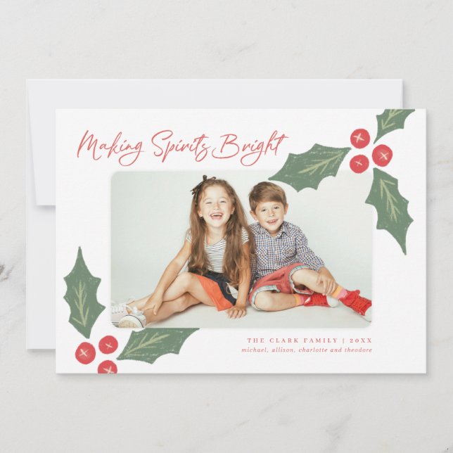 Modern Handdrawn Holly Berries Photo Frame Holiday Card (Front)
